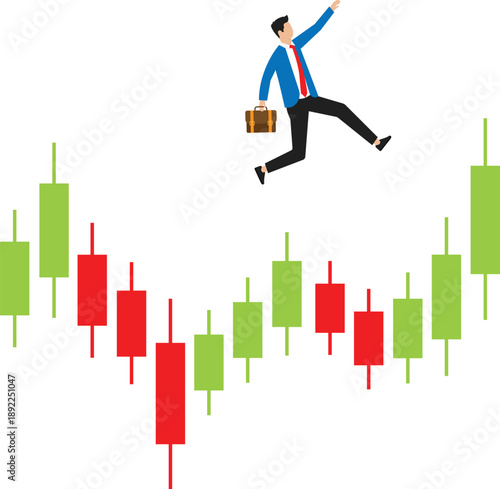 Success trader make profit with investment trading, stock market growth and get rich from Crypto trading concept, businessman investor with money briefcase running on candlestick graph.
