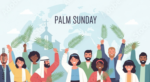 Diverse group of people celebrating palm sunday with palm leaves and a church in the background globally
