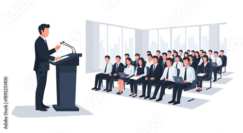 Dynamic Business Presentation in a Modern Conference Room with a Professional Speaker Addressing an Engaged Corporate Audience During a Seminar or Workshop
