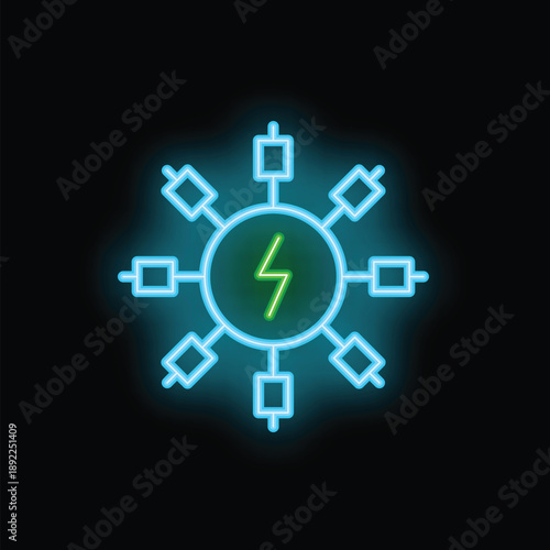 Bright glowing neon electric energy power supply icon with a lightning bolt at its center, representing electricity generation and distribution network