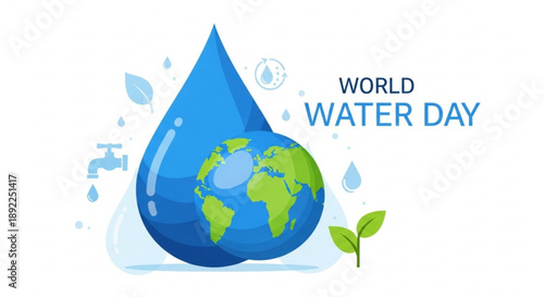 World water day illustration with globe inside a blue water drop and green leaves on white background