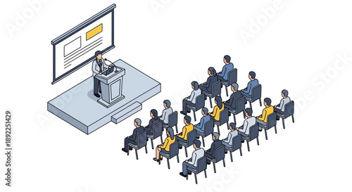 Isometric Illustration of a Business Presentation with a Speaker at a Podium Addressing an Engaged Audience in a Modern Conference Room