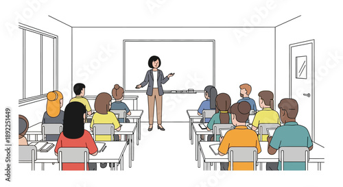 A female teacher instructs a diverse group of students in a classroom. She presents a lesson using a whiteboard, fostering an environment of active learning and educational engagement