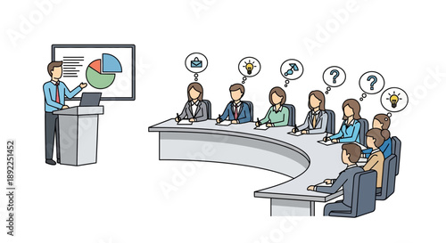 Dynamic business presentation illustrating a presenter sharing data insights with an engaged team, fostering collaborative discussion, ideation, and problem-solving