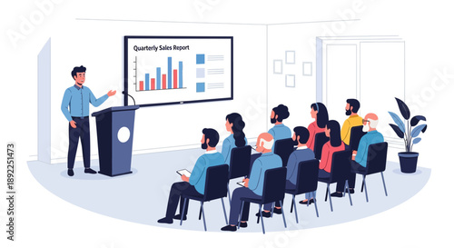 Business professional delivering an informative corporate presentation on sales data and market insights to an attentive and diverse audience in a modern office meeting room setting