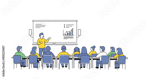 Professional presenter leading an engaging business meeting or educational training session with a diverse group of attendees focused on learning and collaboration