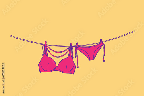 Women's bra and panties hanging on a rope doodle style. Swimwear or underwear, lingerie hanging and drying. vintage hand drawn Vector illustration. Isolated design element template