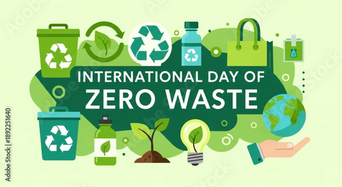 International day of zero waste concept with eco friendly icons and recycling symbols on green background