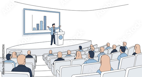 Professional speaker presents business data and insights to an engaged audience in a modern conference hall, fostering education and strategic communication during a corporate event