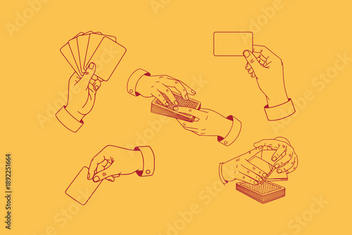 Set of hands shuffle, hold, take cards, playing cards, card suits. Hand drawn empty card line trendy Vector illustration. Tournament, casino, poker, gambling, game, croupier, entertainment concept