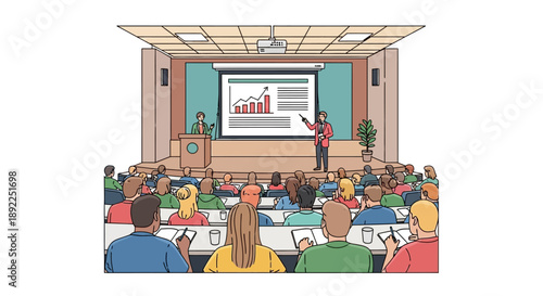 Engaging business presentation to a diverse audience in a modern conference room, with a speaker illustrating growth concepts on a large projector screen