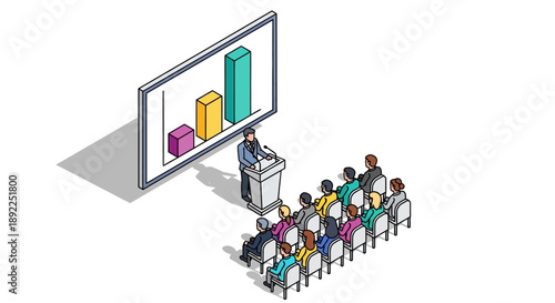 Isometric illustration of a business professional delivering a presentation with a bar chart on a large screen to an attentive audience, depicting a corporate meeting or seminar