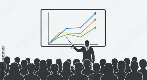 Dynamic Business Presentation Illustrating Growth Trends and Strategic Progress to an Engaged Corporate Audience in a Seminar Setting