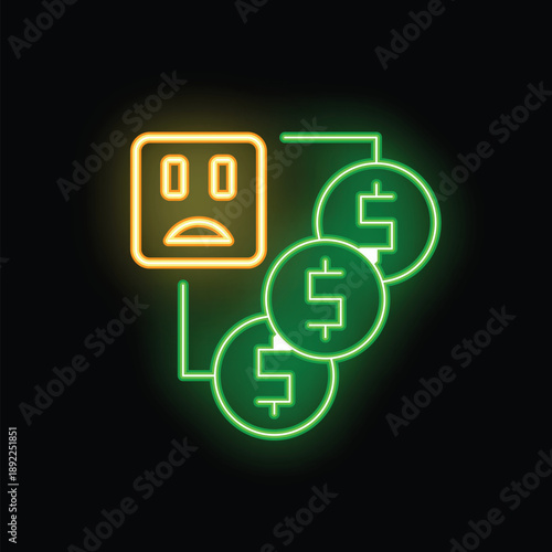 Neon sign of a sad emoticon losing money symbolizing financial loss