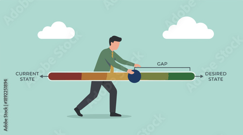 Man bridging the gap between current and desired state with progress bar concept