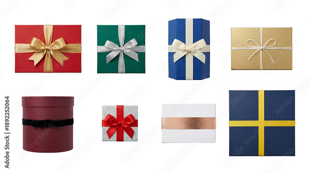 Fototapeta premium Gift box set including rectangular, round, and square shapes in red, gold, blue, and green colors with ribbon bows. Holiday and celebration packaging collection.