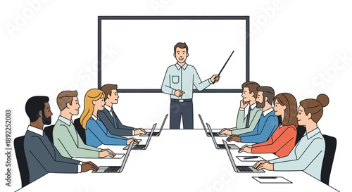 Business meeting with a presenter at the head of the table addressing attendees using laptops