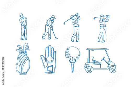 Set golf symbols, equipment. Golf players in various poses, cart, glove with ball, flag, golf clubs bag, hole. Hand drawn line crayon doodle Vector illustration. 