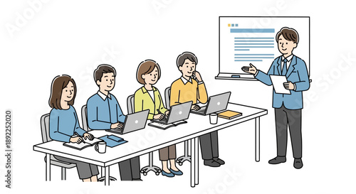 Business meeting presentation with team collaborating around a table, discussing project strategy