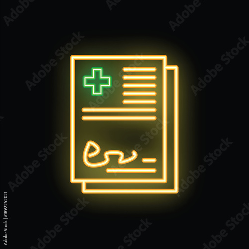 Neon medical prescription icon glowing on dark background representing healthcare and medicine