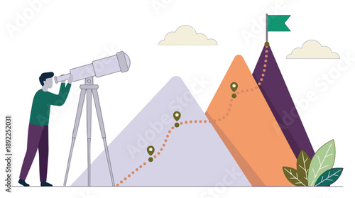 Man with telescope observes path to mountain goal, vision for success.