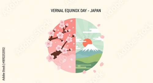 Vernal equinox day in japan cherry blossom and mount fuji landscape circle split design