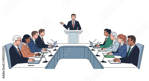 Illustration of a diverse group of people in a formal meeting setting with a speaker at a podium addressing the attendees around a long conference table, promoting collaboration and discussion