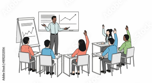 Business presentation with a diverse group of people in a classroom setting, with hands raised in anticipation of questions