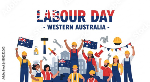 Labour day western australia workers celebrate with tools and flags
