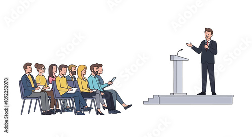 A man in a suit delivers a presentation to a seated audience during a conference or seminar event