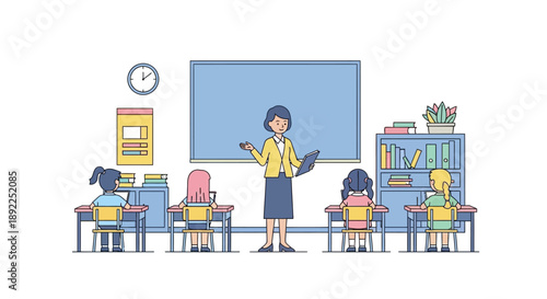 Illustration of a female teacher instructing a classroom of students