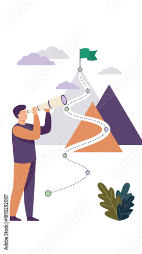 Man with telescope looking at mountain peak with flag and dotted path
