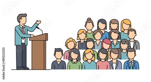 A speaker addresses an attentive audience from a podium in a lecture hall, depicted in a modern flat illustration style