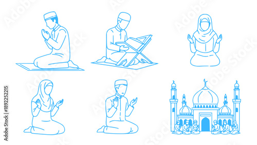 Line art illustration set of Muslim people praying and reading the Quran with mosque elements. Suitable for Ramadan, Islamic education, religious posters, and spiritual designs. Editable EPS vector.