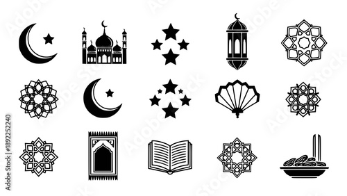 Black and white icon set featuring Islamic and Ramadan symbols such as crescent moon, lantern, mosque, Quran, and stars. Ideal for Ramadan designs and religious projects. EPS vector.