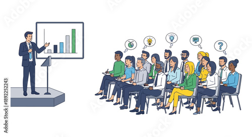 Business meeting presentation with speaker and attentive audience in a conference hall