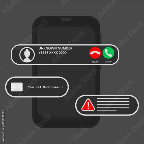 Smartphone screen showing unknown incoming call, new email notification, and warning alert, Concept of fake call, hacker attack, and mobile security threats