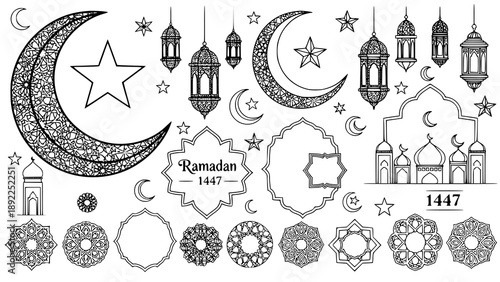 Decorative Ramadan ornament set featuring crescent moon, lanterns, stars, and floral Islamic motifs. Suitable for festive decorations, posters, and Islamic designs. EPS vector.