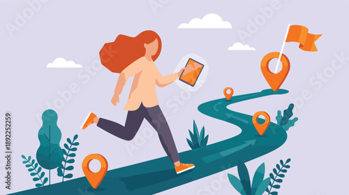 Woman running with tablet on winding path towards flag goal, navigation concept