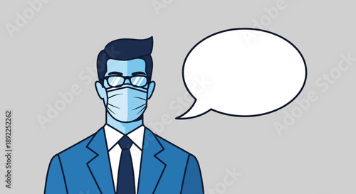 Illustration of a man wearing a surgical mask and glasses, with a speech bubble for communication during the pandemic