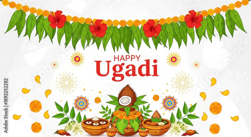 Happy ugadi festival celebration with traditional decorations and food