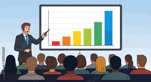 Business presentation showing growth chart with speaker addressing audience from behind the screen