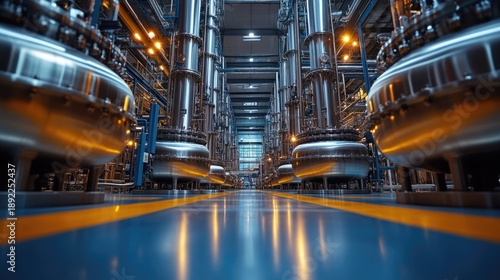 Stainless steel bioreactors in an industrial setting, used for bioprocessing and fermentation.