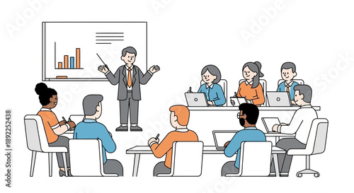 Business meeting in a boardroom with a presenter at a whiteboard, audience members taking notes and using laptops