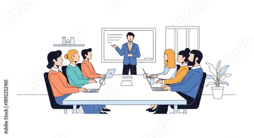 Business meeting with a presentation, team collaboration and discussion in a modern office environment, fostering idea generation and strategic planning