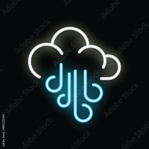 Blue and white neon sign of wind blowing from a cloud on a black background