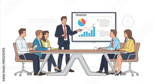 Business meeting with a presenter showing a graph on a screen to an attentive audience around a table