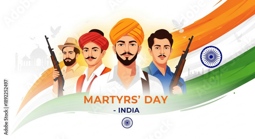 Martyrs' day india illustration with soldiers and national flag