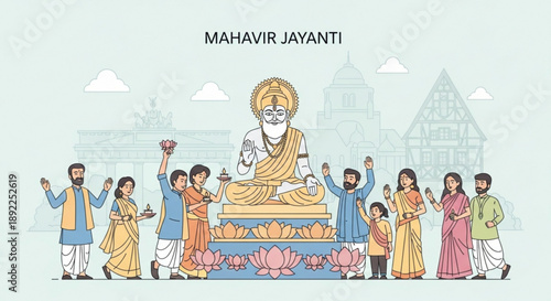 Mahavir jayanti celebration with people around a statue of lord mahavira in traditional indian attire