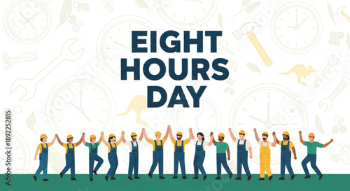 Workers celebrating eight hours day with raised hands in unity and joy on green ground